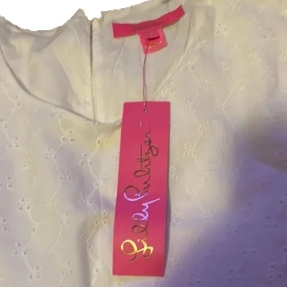 Lilly Pulitzer White Ditsy Vine Eyelet Short Puff Sleeved XL Blouse 🆕📦⌚🏃💨⚡🚚 - Picture 6 of 16